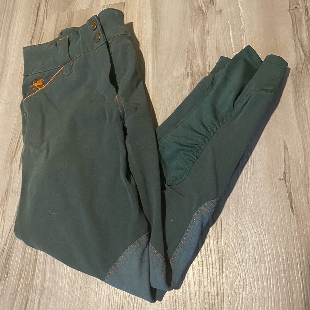 Smartpak Piper Knee Patch Breeches Green/Orange Piping Sz 28